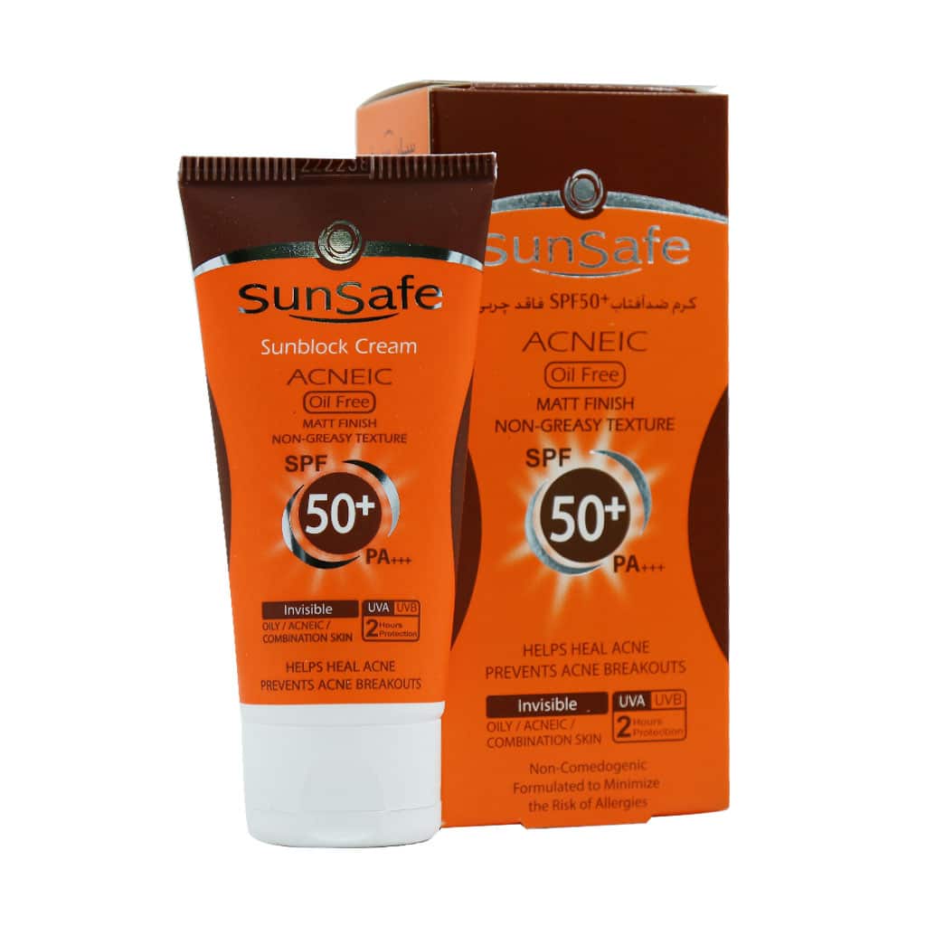 ضد آفتاب سان سیف sunsafe پوست چرب فاقد چربی بی رنگ acneic