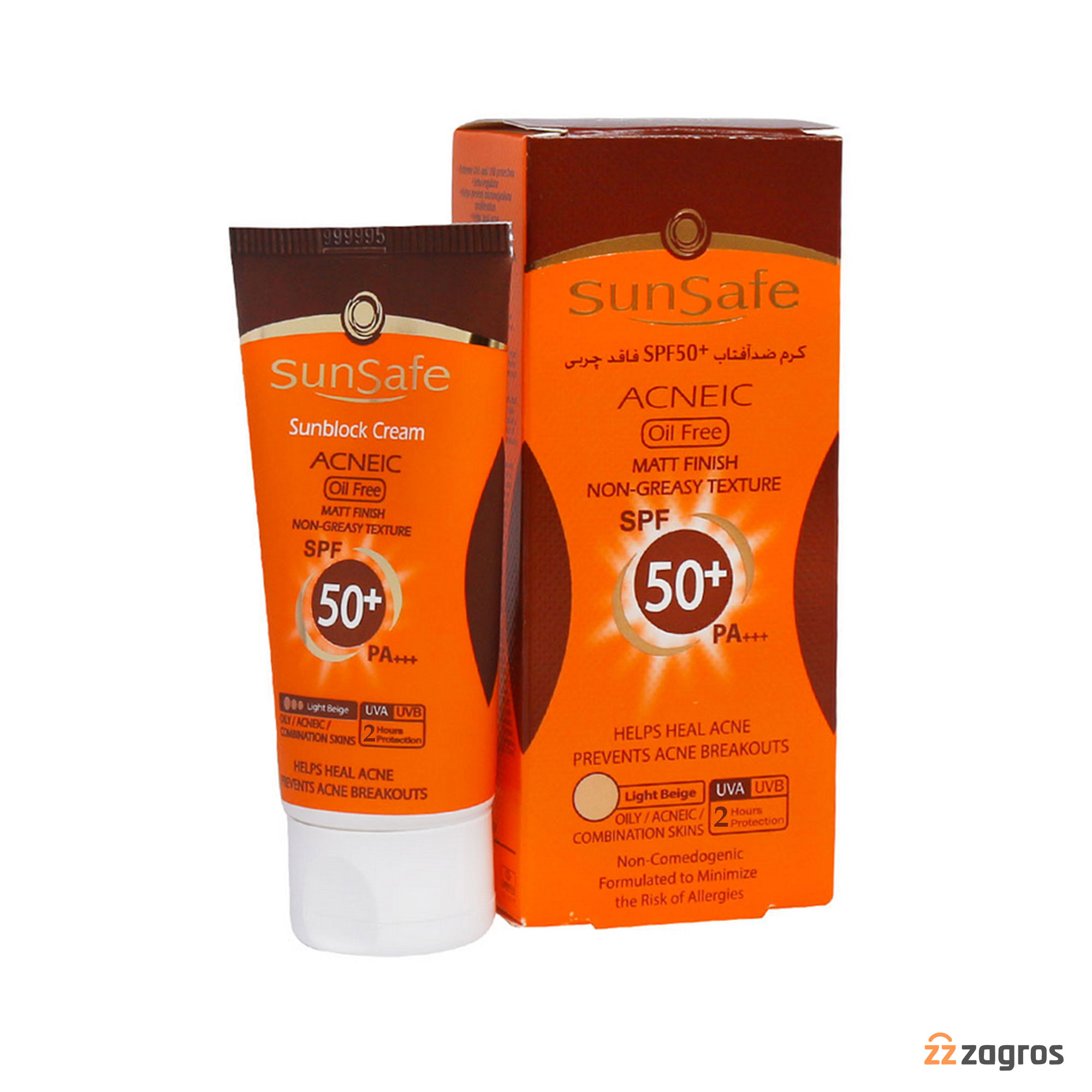 ضد آفتاب سان سیف sunsafe پوست چرب فاقد چربی رنگی بژ روشن acneic