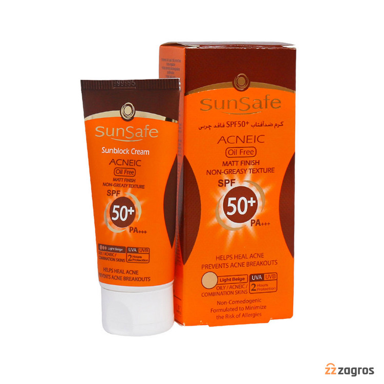 ضد آفتاب سان سیف sunsafe پوست چرب فاقد چربی رنگی بژ روشن acneic