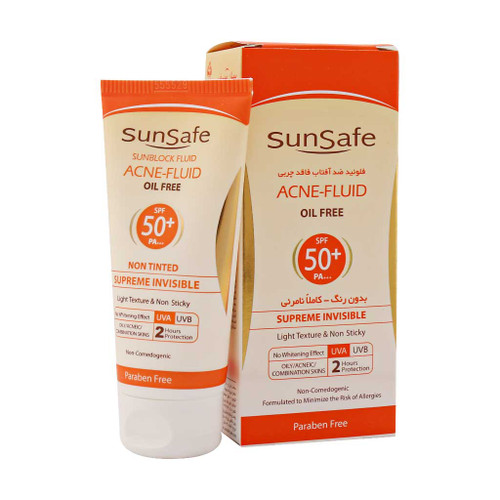 ضد آفتاب فلوییدی سان سیف بی رنگ فاقد چربی پوست چرب sunsafe acne fluid
